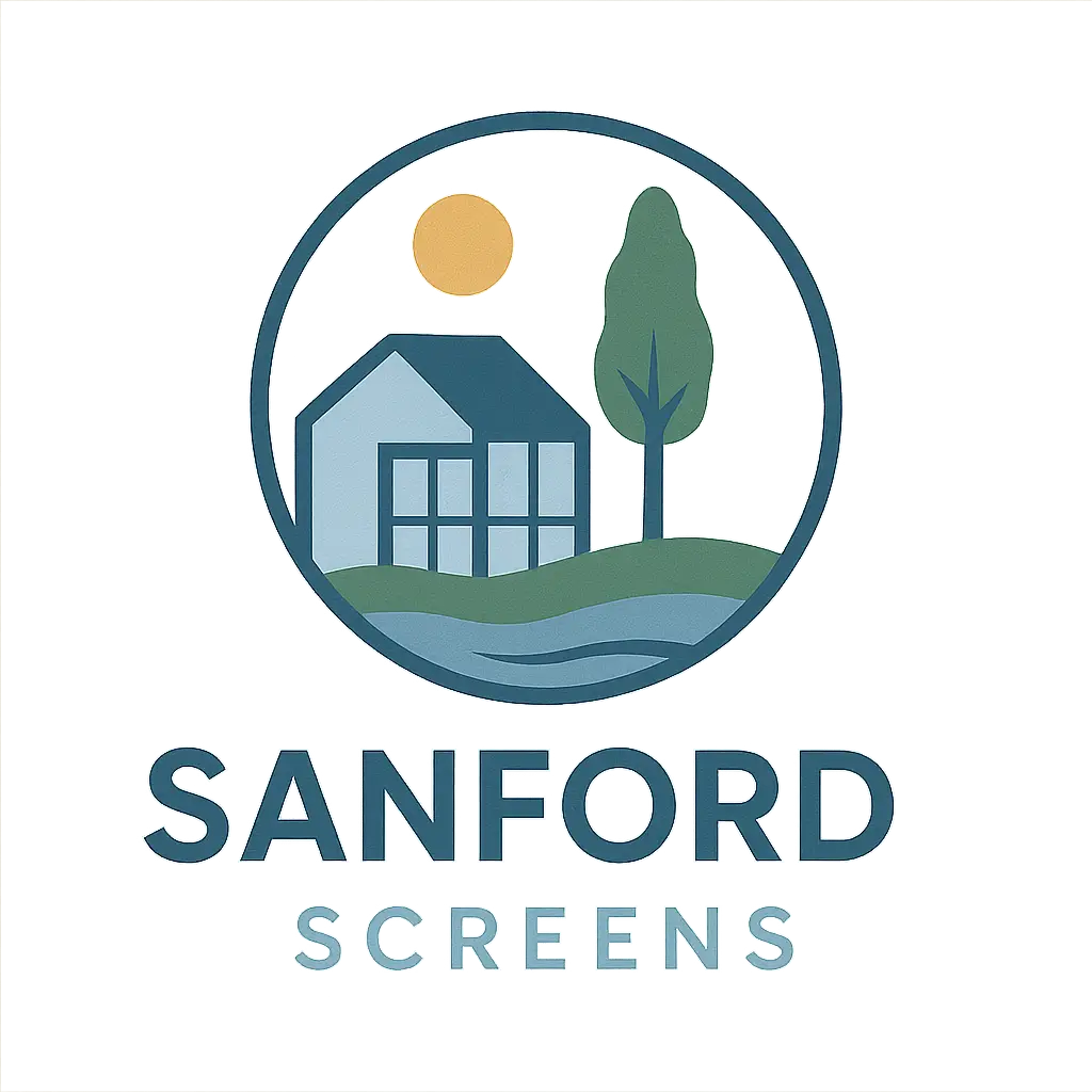 Sanford Screens company logo showing house, tree, and sun design in Sanford, FL.