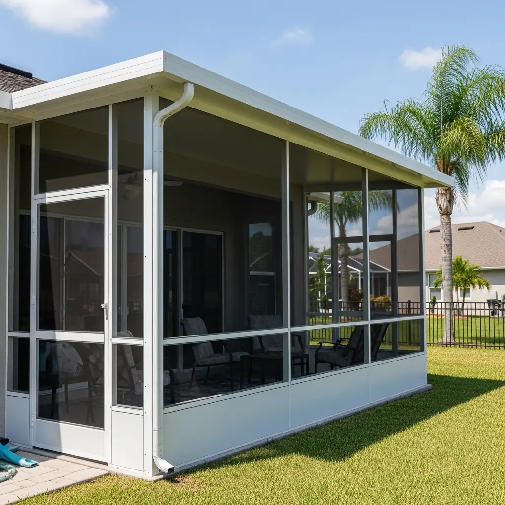 Custom lanai enclosure with screened walls and lower kick panels on a home in Sanford, FL.