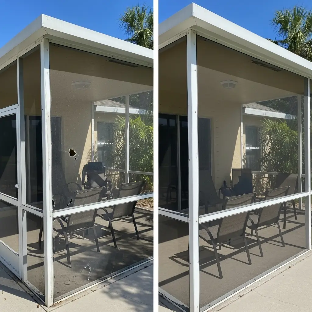 Before-and-after lanai screen repair showing torn mesh replaced on a patio enclosure in Sanford, FL.