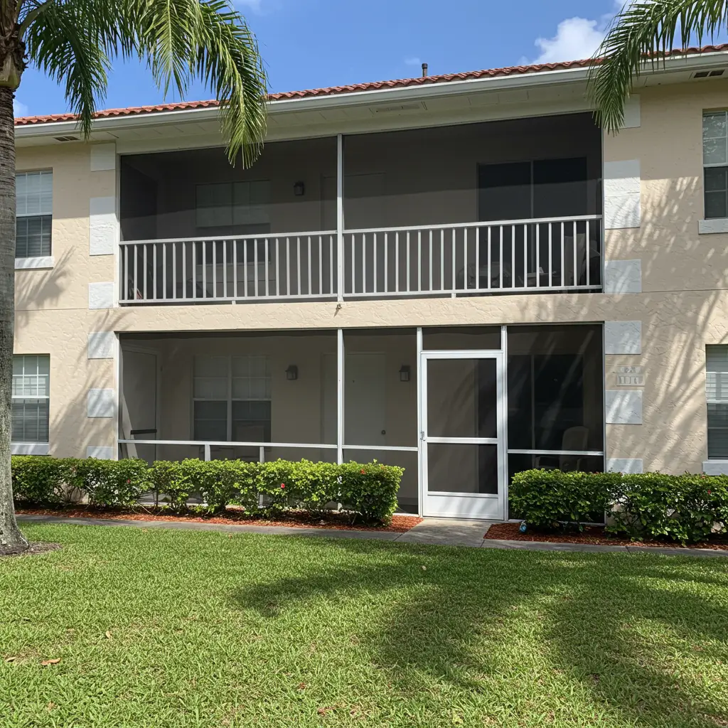 Ground-level patio screen door and enclosure on a residential building showing repair work in Sanford, FL.