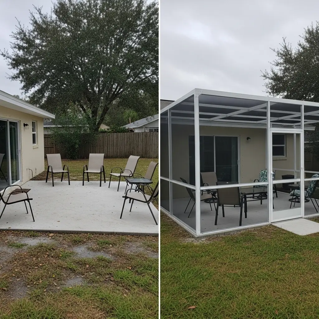 Before-and-after comparison showing new patio screen enclosure built over a backyard slab in Sanford, FL.