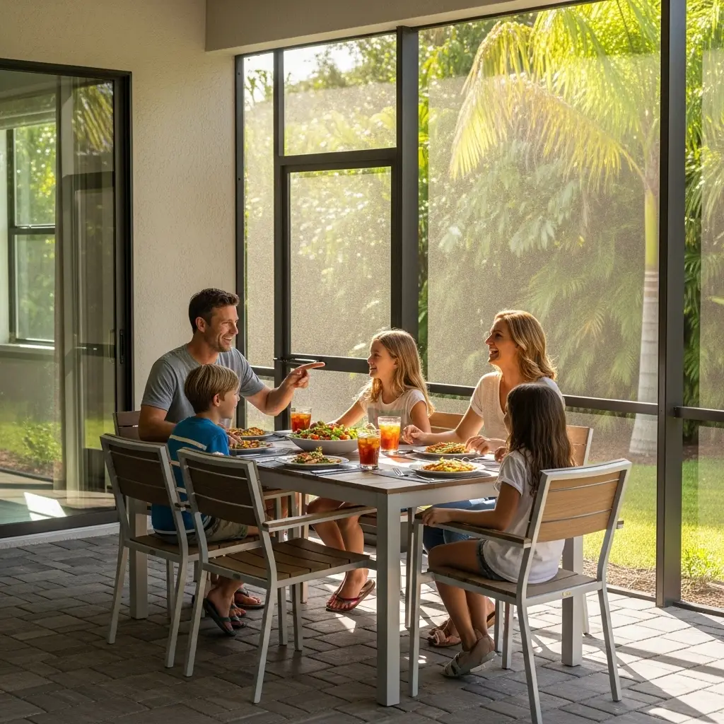 Family dining inside a screened patio enclosure providing outdoor comfort in Sanford, FL.