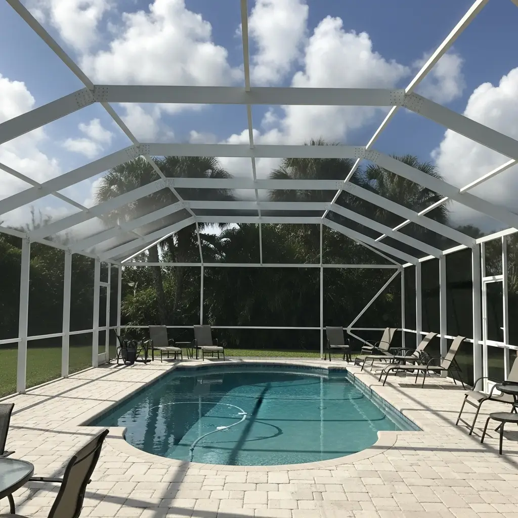 Newly installed white aluminum pool cage enclosure surrounding a backyard pool in Sanford, FL.