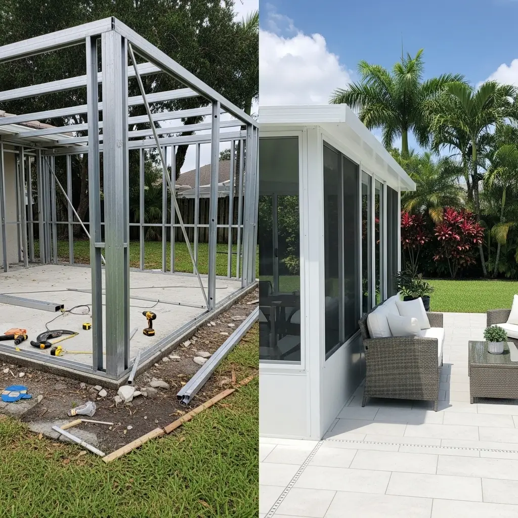 Before-and-after transformation showing pool cage rescreening and new enclosure installation in Sanford, FL.
