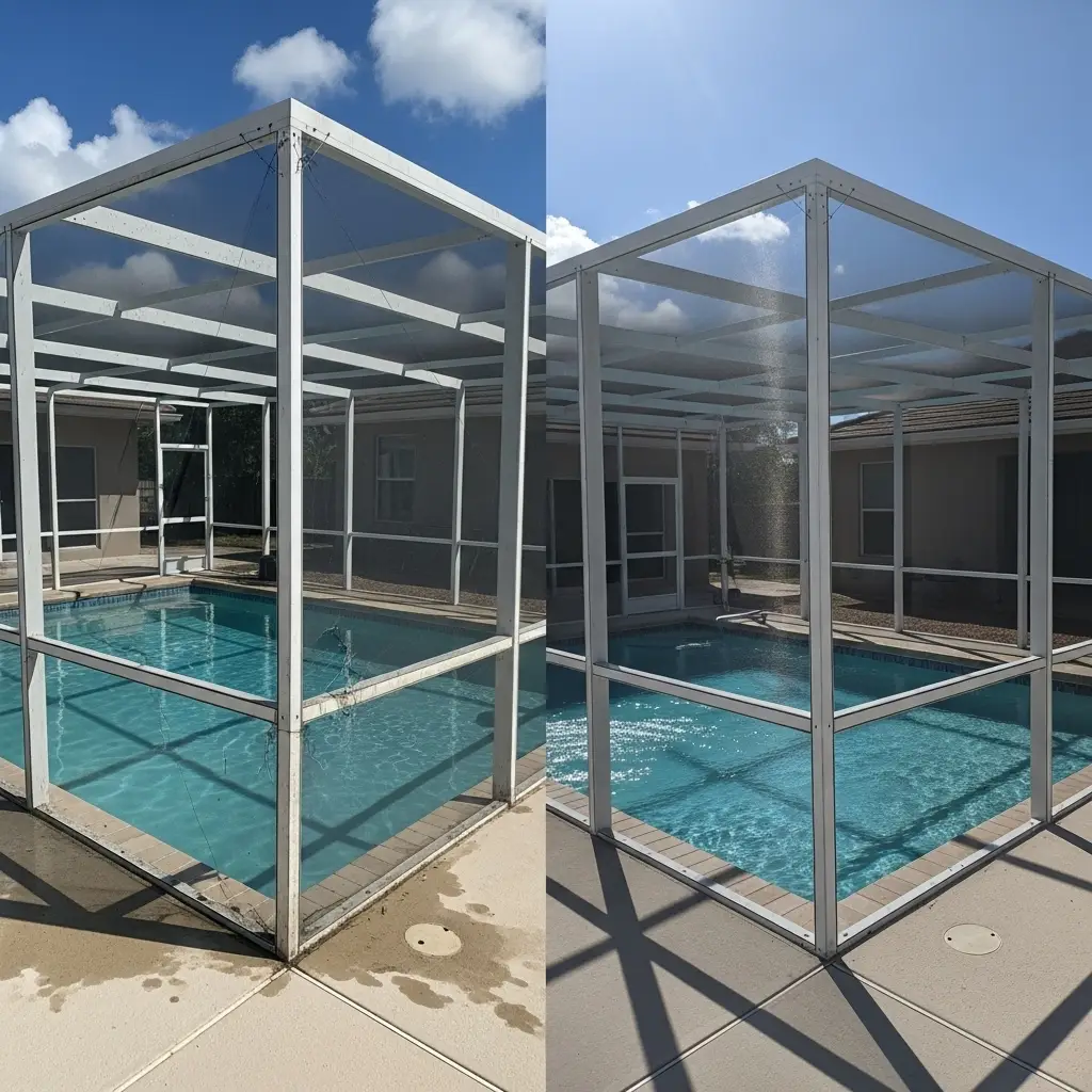 Before-and-after pool enclosure showing repaired mesh panels and restored frame in Sanford, FL.