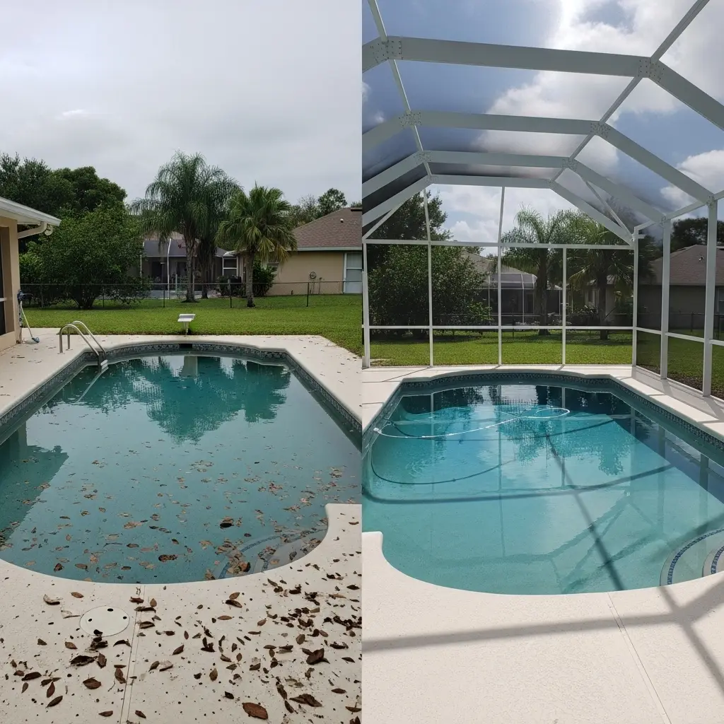 Before-and-after view of a residential pool showing new enclosure screens added in Sanford, FL.