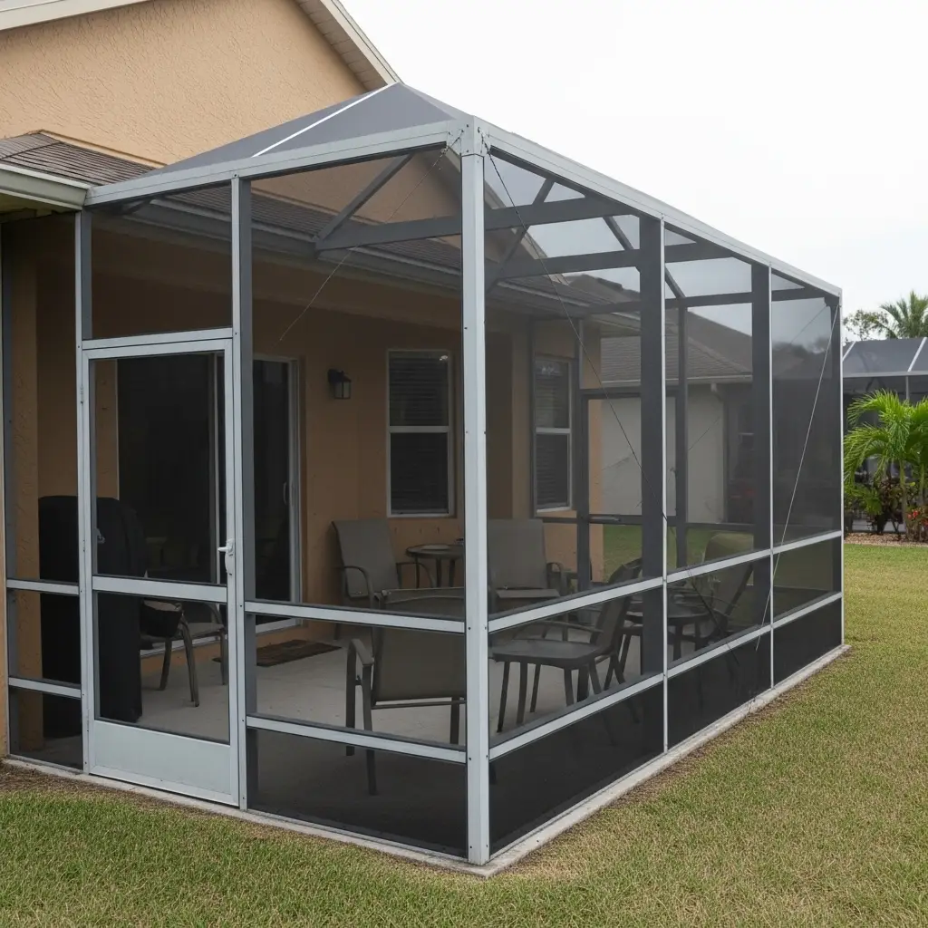 Residential pool screen enclosure with patio seating and mesh panels in Sanford, FL.
