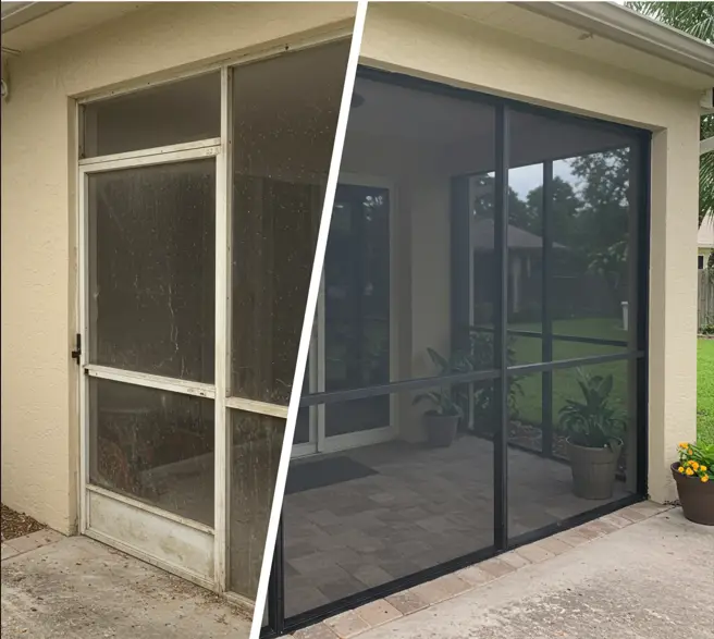 Before-and-after comparison of repaired residential screen door panels showing screen door repair in Sanford, FL.