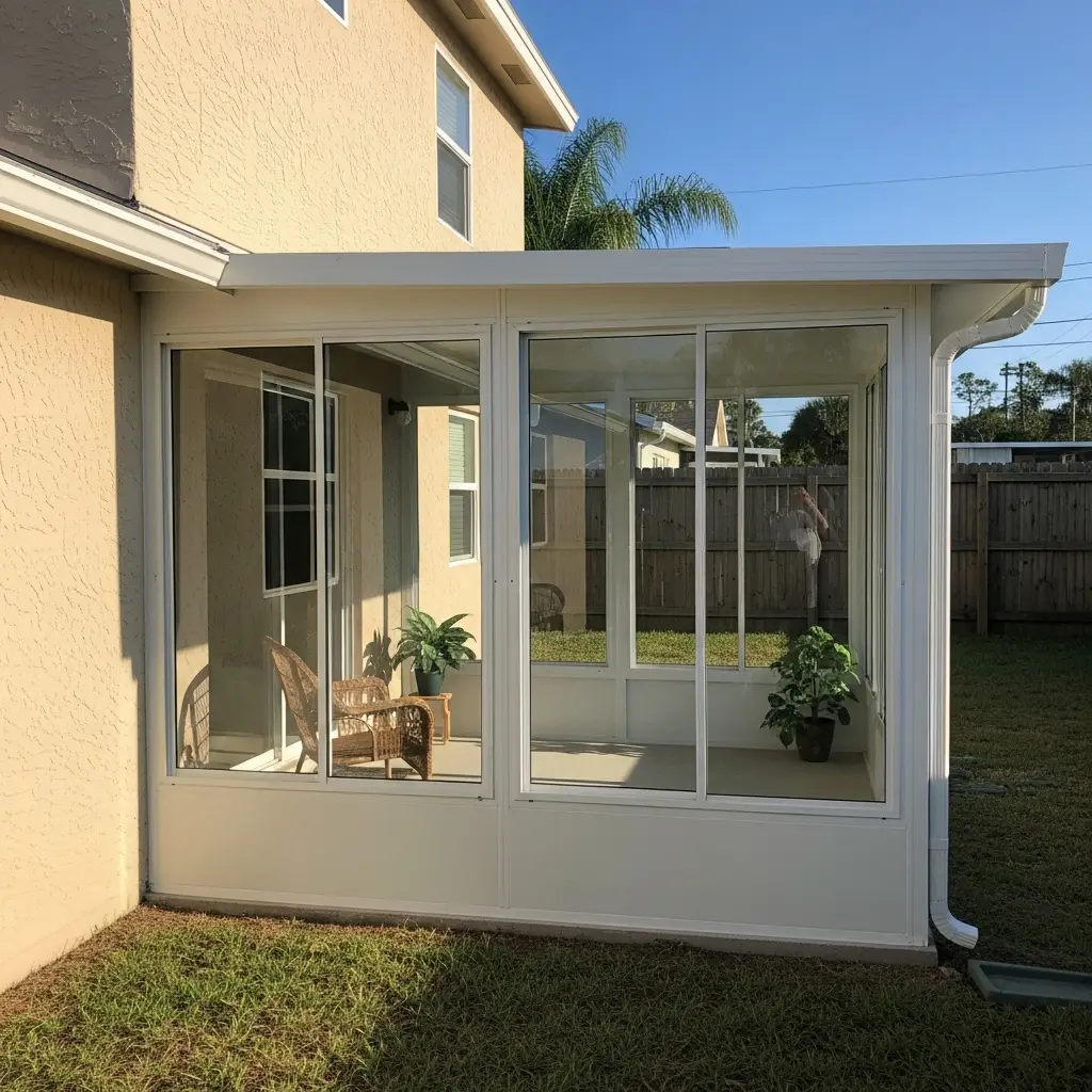 Newly installed residential sunroom screen enclosure with sliding panels in Sanford, FL.