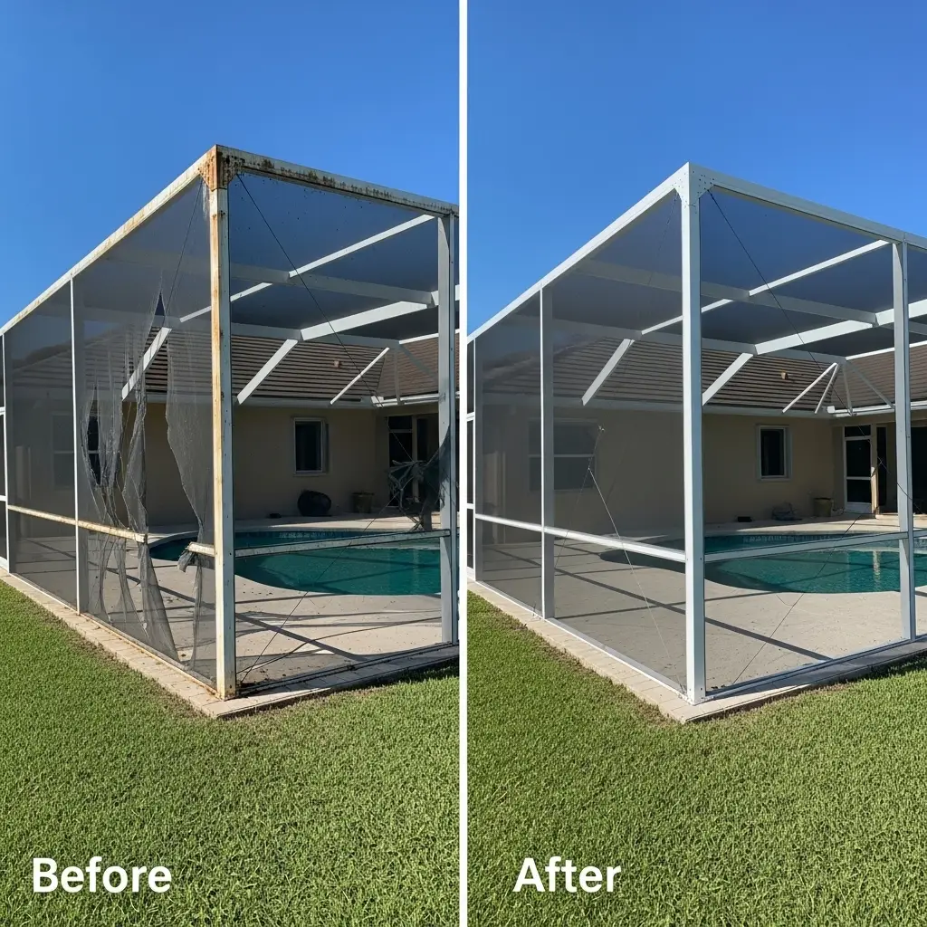 Before-and-after comparison showing pool enclosure screen replacement on a residential pool area in Sanford, FL.