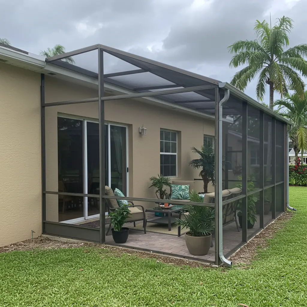 Screened patio enclosure with new replacement panels on a residential backyard in Sanford, FL.