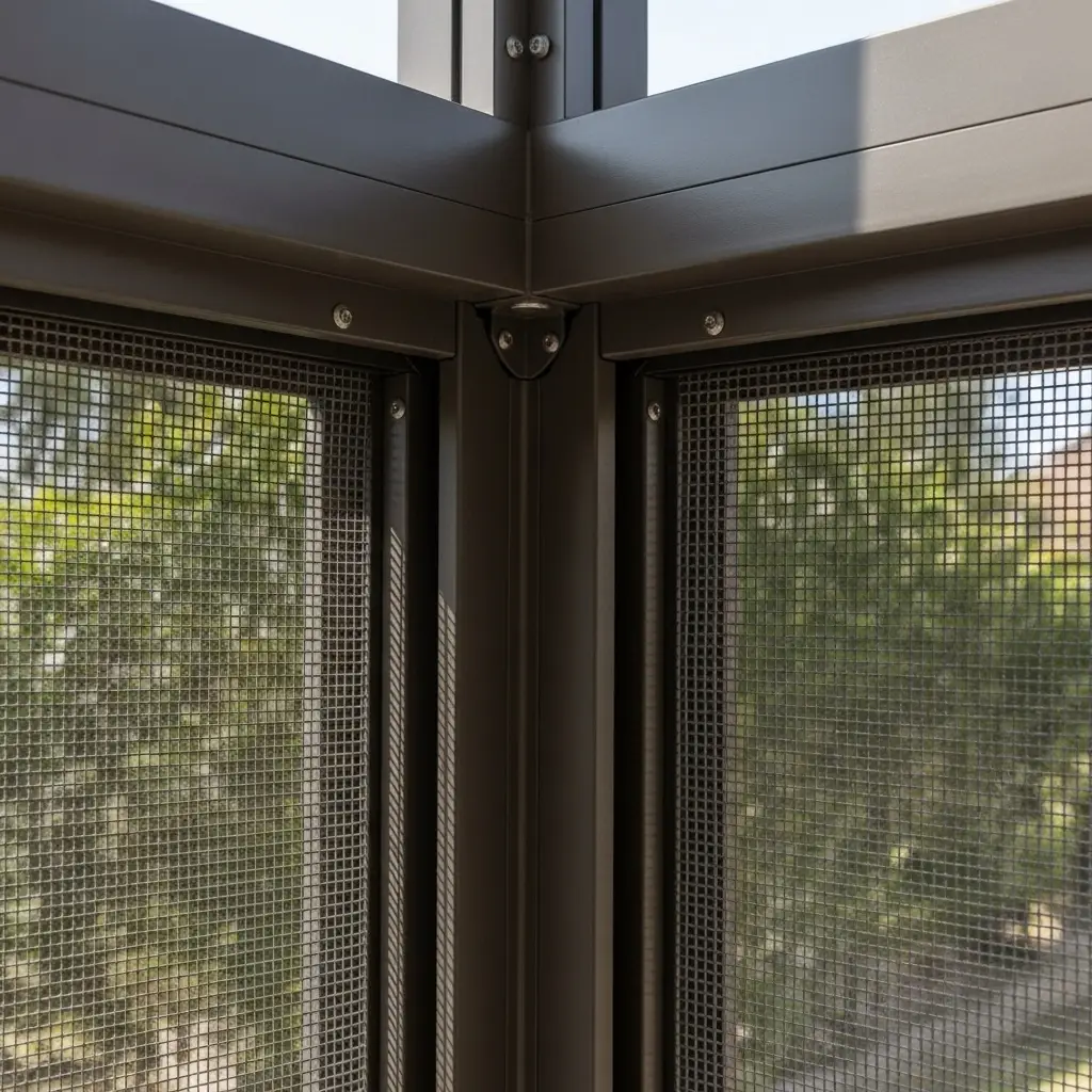 Close-up of newly repaired screened porch corner frame showing detailed work in Sanford, FL.