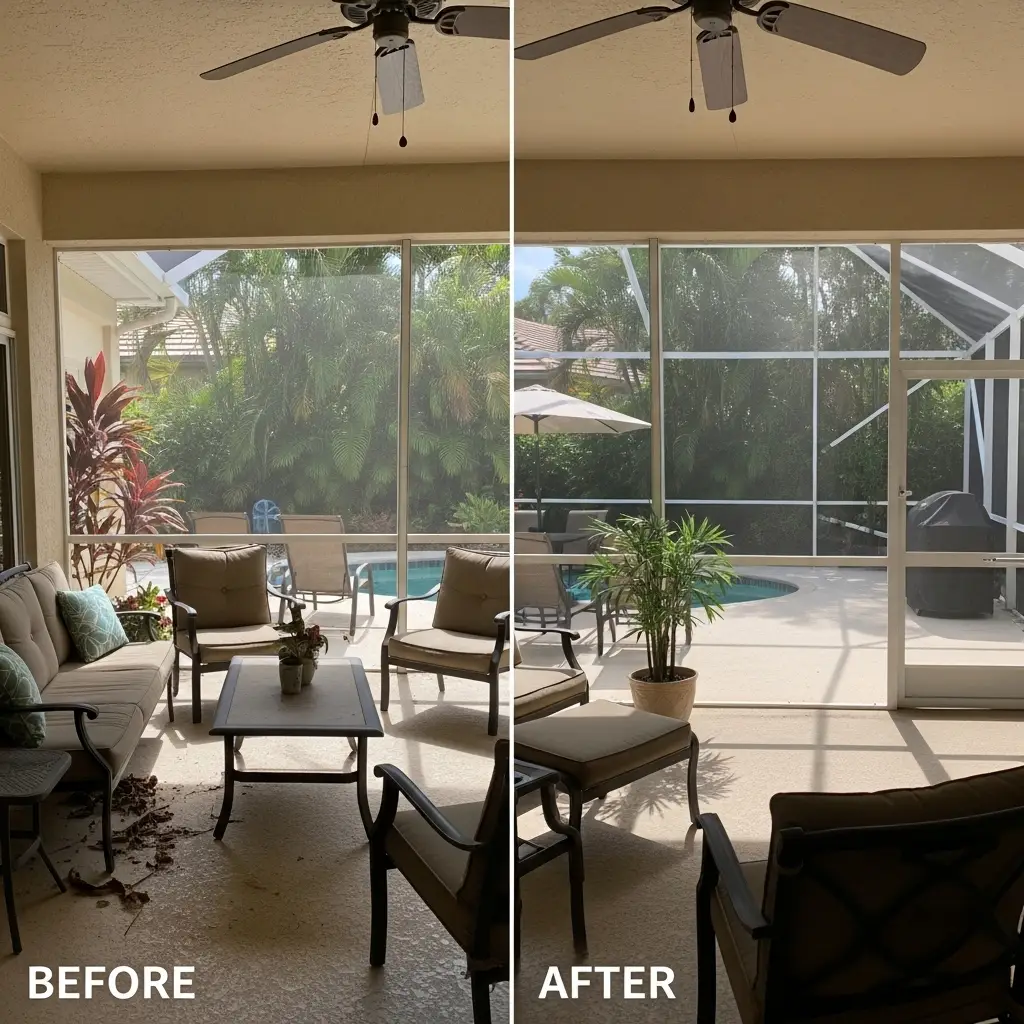 Before-and-after view of a repaired sunroom screen enclosure showing window screen repair in Sanford, FL.