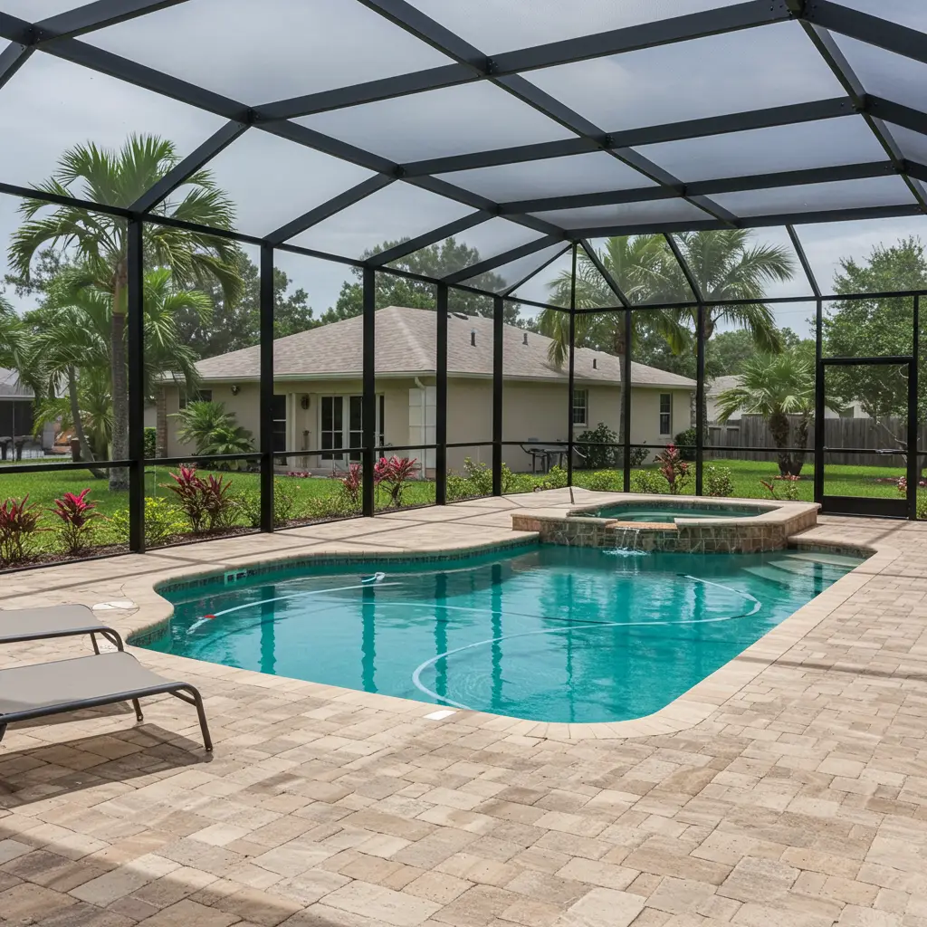 Screen-enclosed residential pool and spa area with landscaping showing pool screen repair in Sanford, FL.